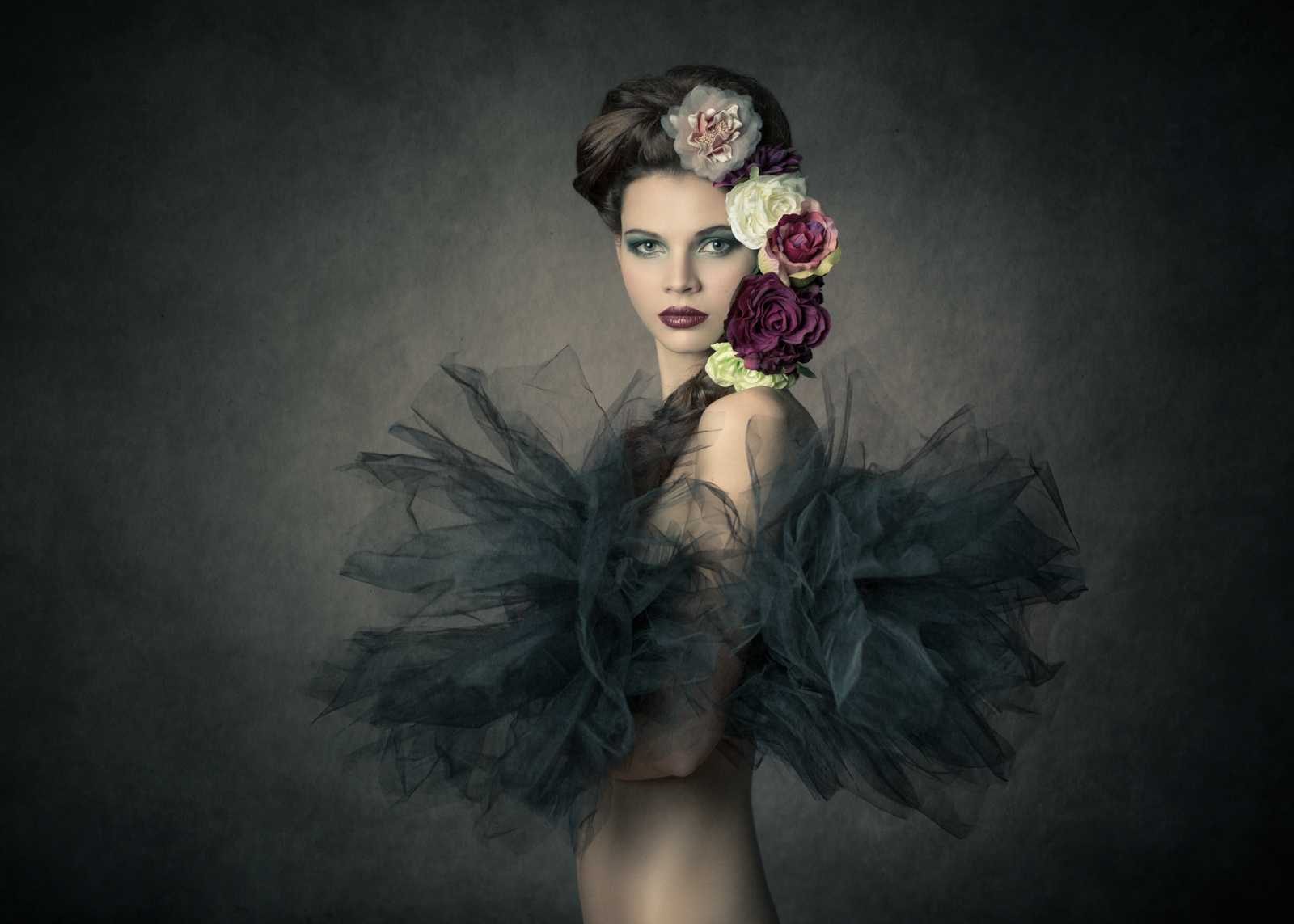 Woman, flowers, pose, black. Portrait photograph by Michael Schnabl, finalist in the Shoot The Frame Portrait photography award, December 2014