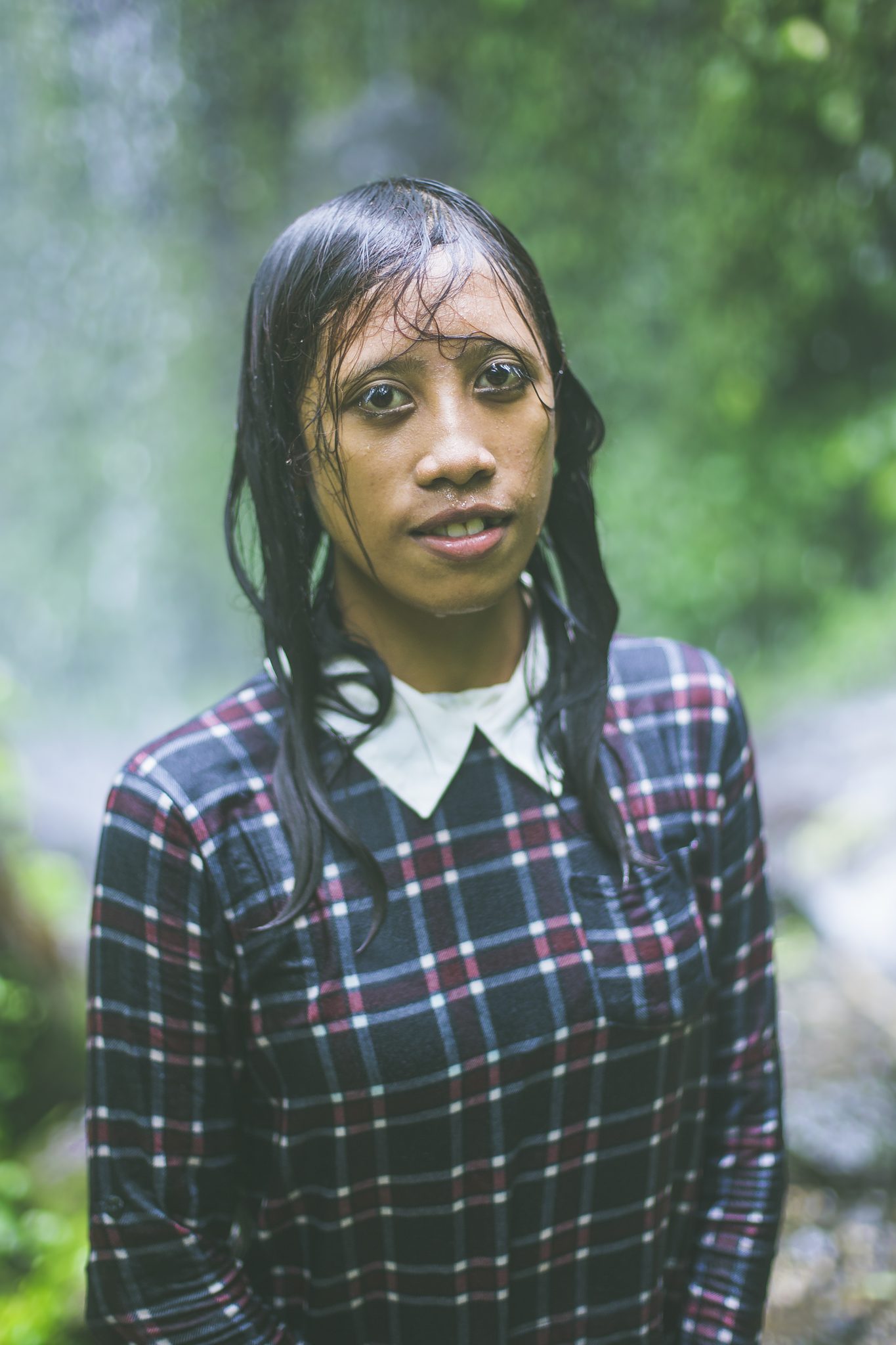 Girl, wet, sweater, plaid. Portrait photograph by Sam Bennett, finalist in the Shoot The Frame Portrait photography award, January 2017