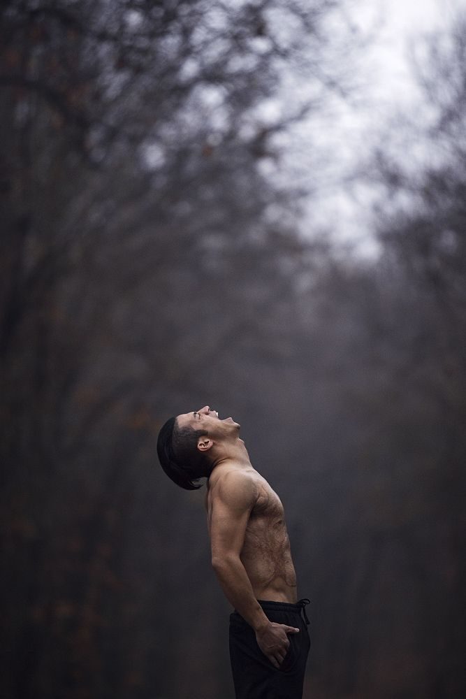 Man, shouting, forrest. Portrait photograph by Victoria Bauer, finalist in the Shoot The Frame Portrait photography award, April 2018
