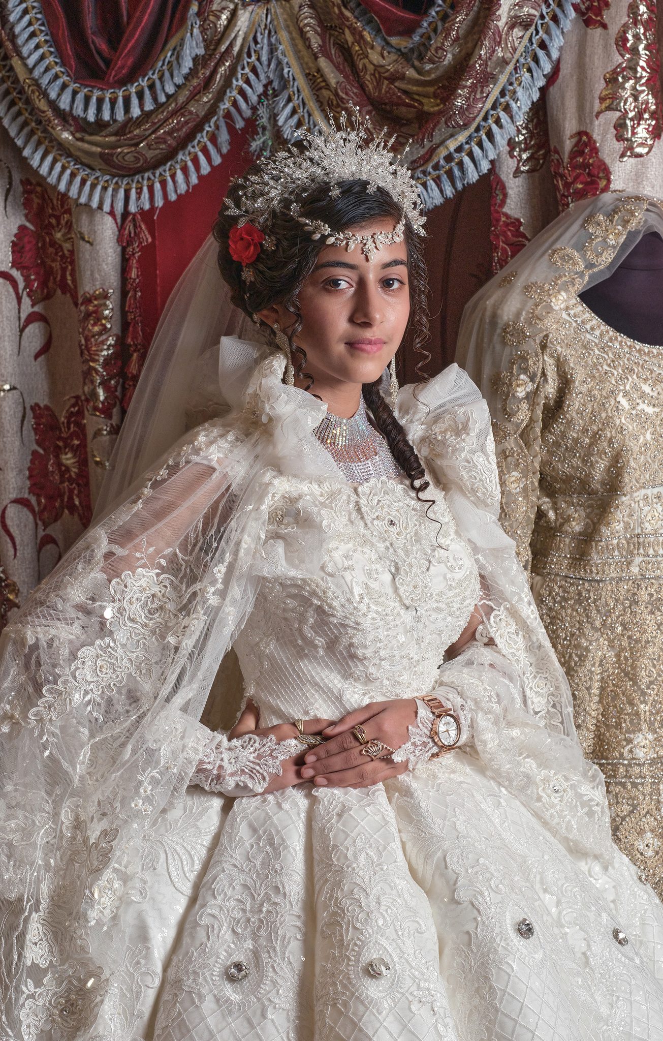 Portrait of a girl bride from the Roma culture "Keldelari", Korolevo village, Transcarpathia. Portrait photograph by Michael Dorohovich, finalist in the Shoot The Frame Portrait photography award, November 2023
