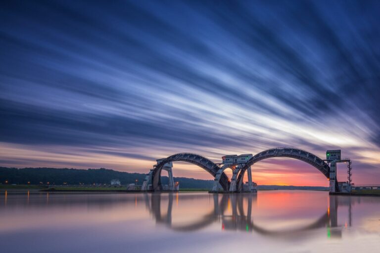 Water, construction, lights. Landscape photograph by Sander Grefte, finalist in the Shoot The Frame Landscape photography award, July 2016