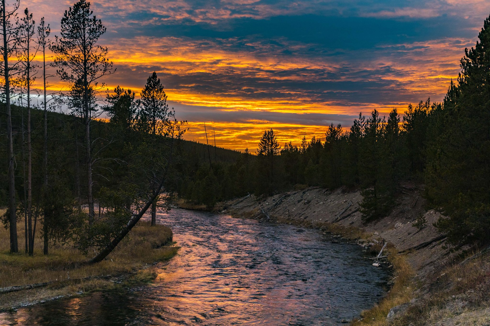 Sunset over the Gibbon River, Yellowstone National Park, WY 82190, USA. Landscape photograph by Shane Morrison, finalist in the Shoot The Frame Landscape photography award, December 2020