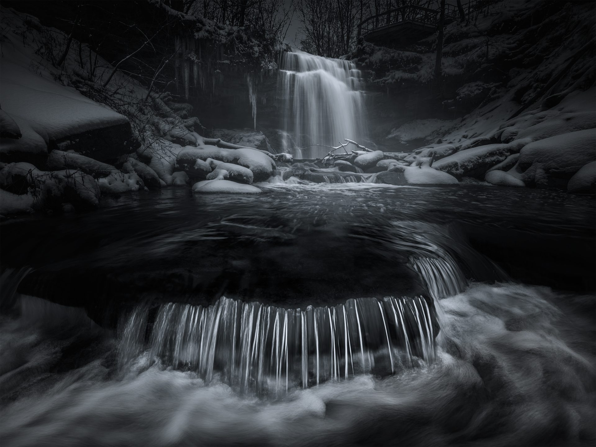 Snow Cannot Block the Waterfalls. Landscape photograph by Zhenhuan Zhou, finalist in the Shoot The Frame Landscape photography award, April 2023